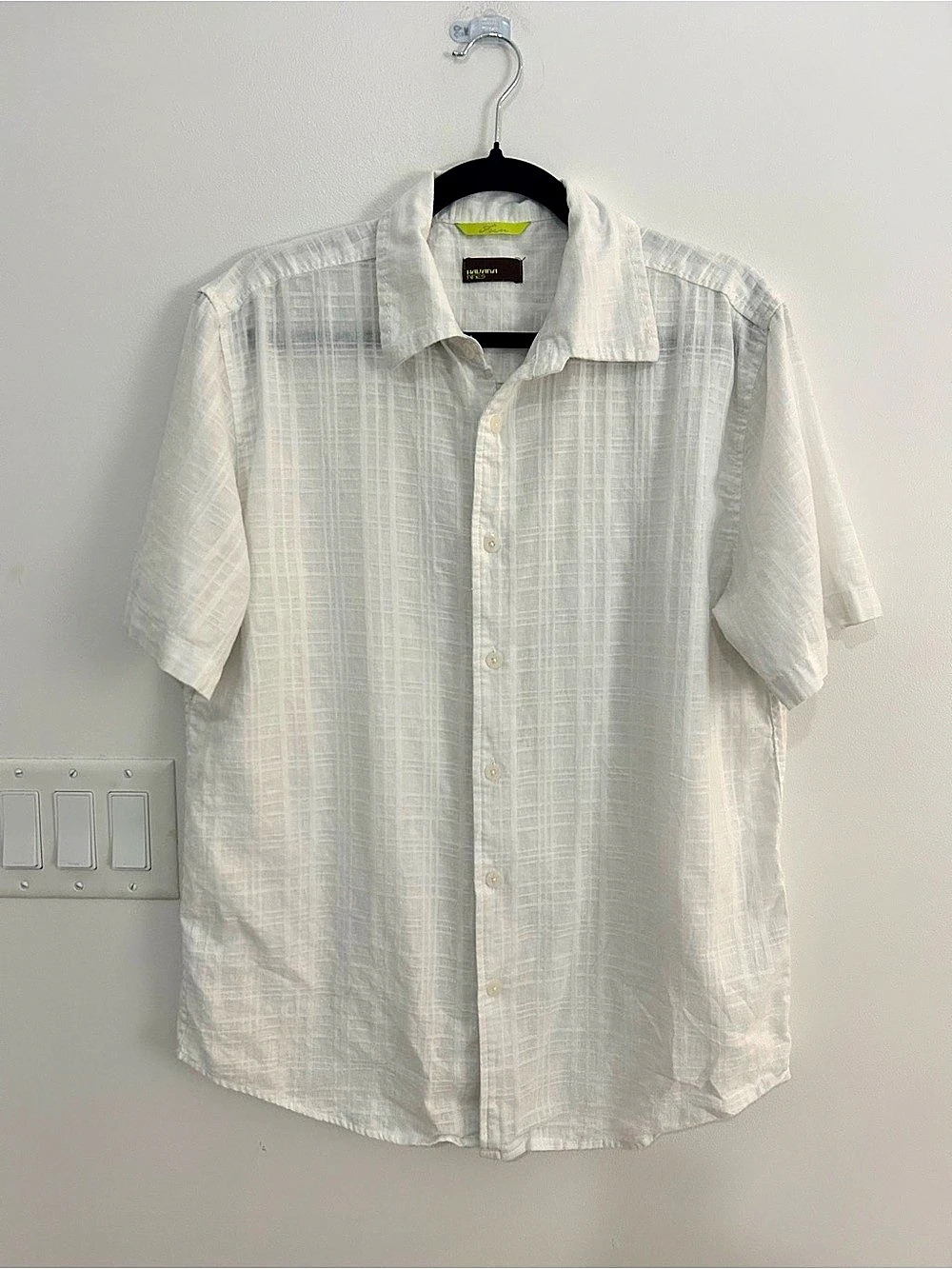 Havana Nines Shirt Men’s M White Linen Blend Textured Plaid Short Sleeve Coastal